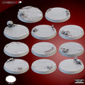 Set of 10 fungal wasteland 25mm resin scenic bases by Ghamak, showing cracked earth, mushrooms, rocks, shells, worms, crystals, and small terrain details.