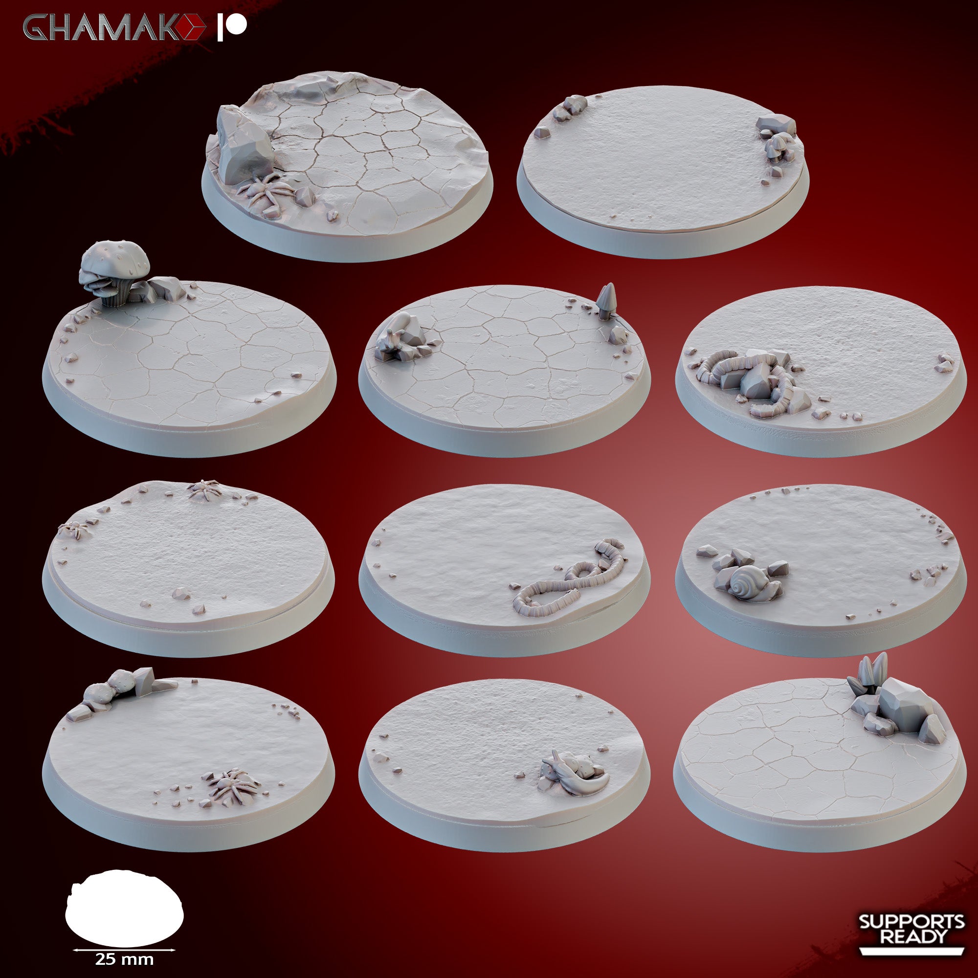 Set of 10 fungal wasteland 25mm resin scenic bases by Ghamak, showing cracked earth, mushrooms, rocks, shells, worms, crystals, and small terrain details.