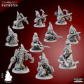Madcaps Archers fantasy resin miniatures by Ghamak, showing 10 goblin-style archers with bows, stitched hoods, 25mm round bases, and mushroom-themed details.