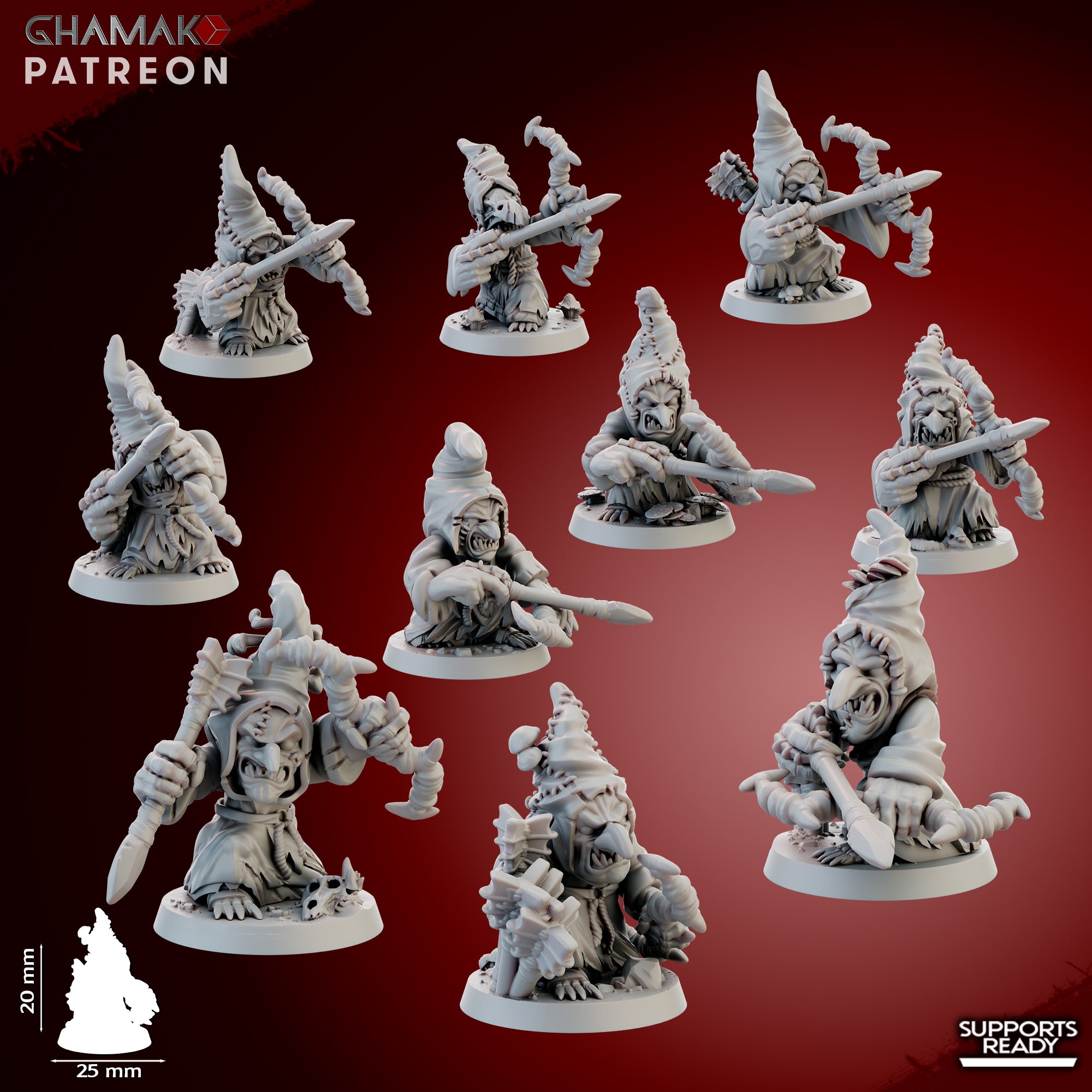 Madcaps Archers fantasy resin miniatures by Ghamak, showing 10 goblin-style archers with bows, stitched hoods, 25mm round bases, and mushroom-themed details.