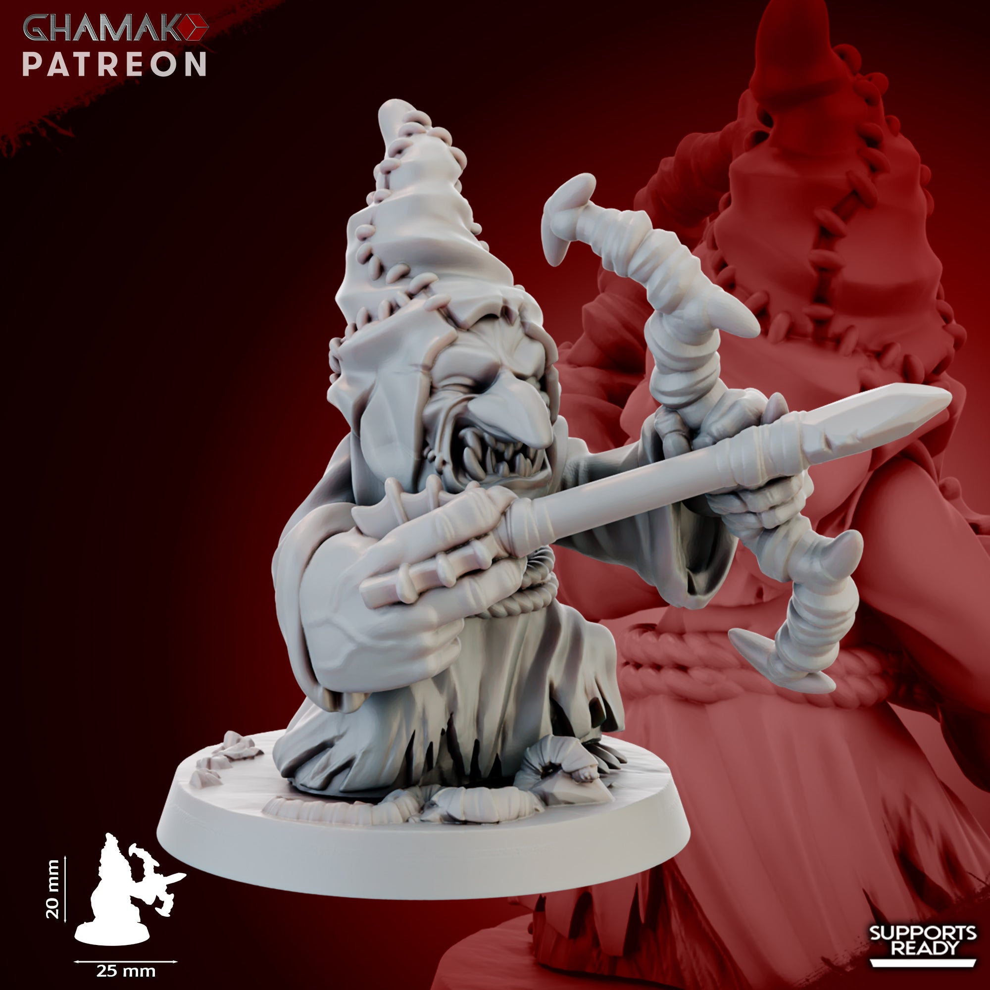 Close-up of a Madcaps Archer miniature by Ghamak, showing a goblin-style archer with stitched hood, bow, arrow, mushrooms, and detailed fantasy sculpting.
