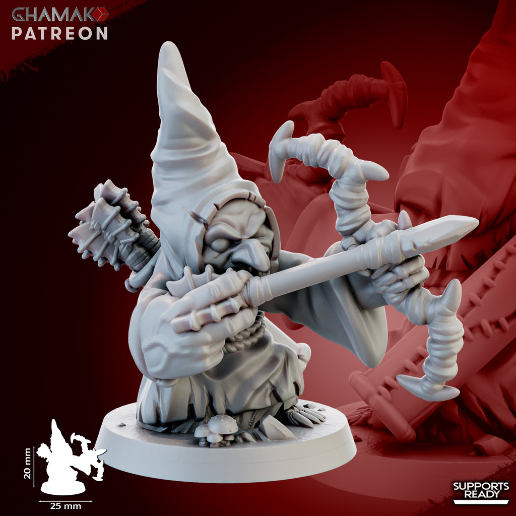 Close-up of a Madcaps Archer miniature by Ghamak, showing a goblin-style archer with stitched hood, bow, arrow, mushrooms, and detailed fantasy sculpting.