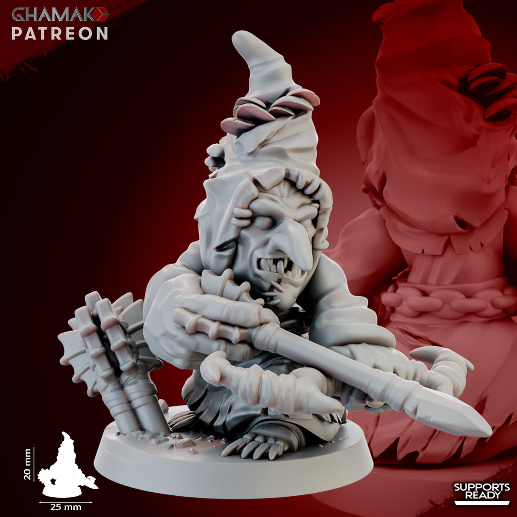 Close-up of a Madcaps Archer miniature by Ghamak, showing a goblin-style archer with stitched hood, bow, arrow, mushrooms, and detailed fantasy sculpting.