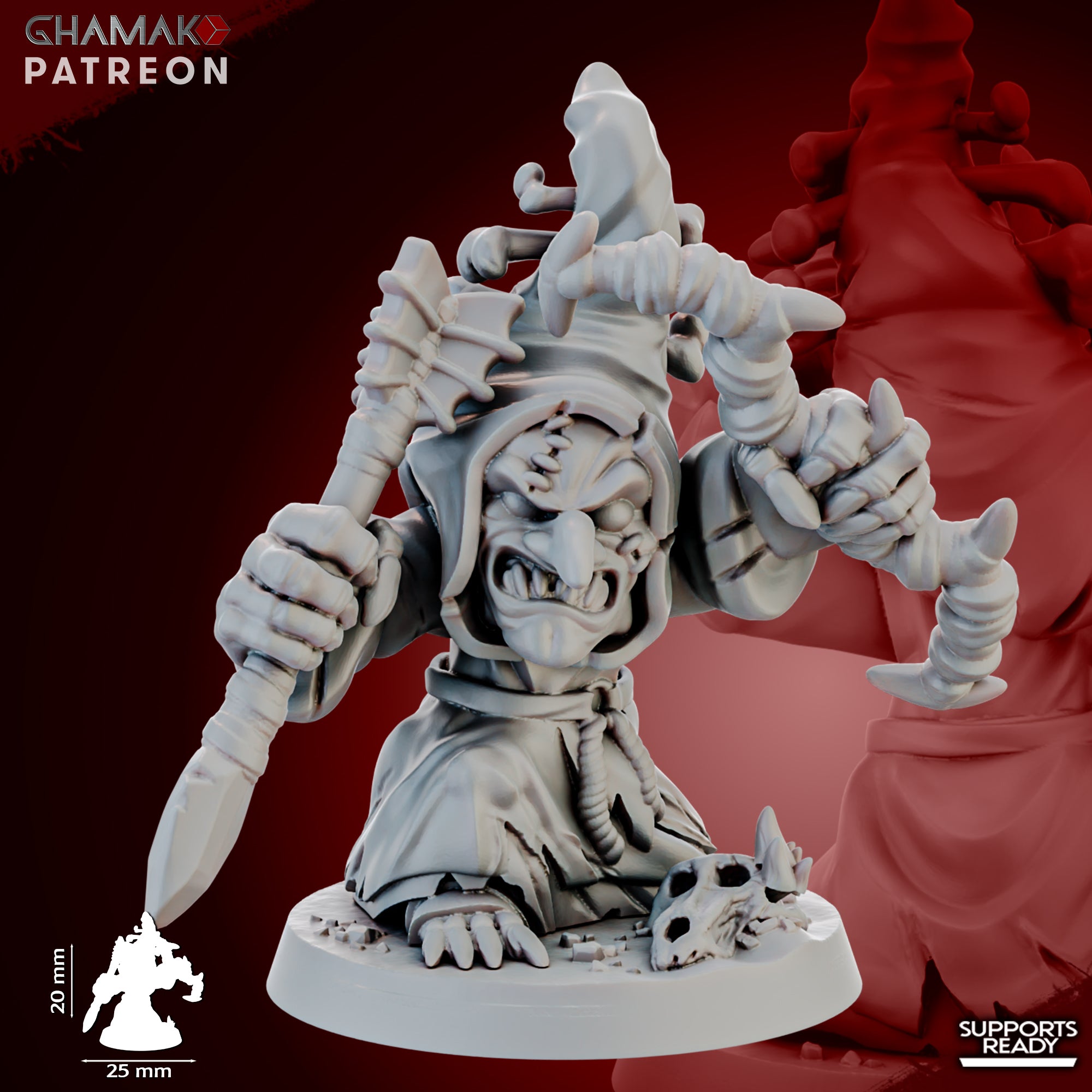 Close-up of a Madcaps Archer miniature by Ghamak, showing a goblin-style archer with stitched hood, bow, arrow, mushrooms, and detailed fantasy sculpting.
