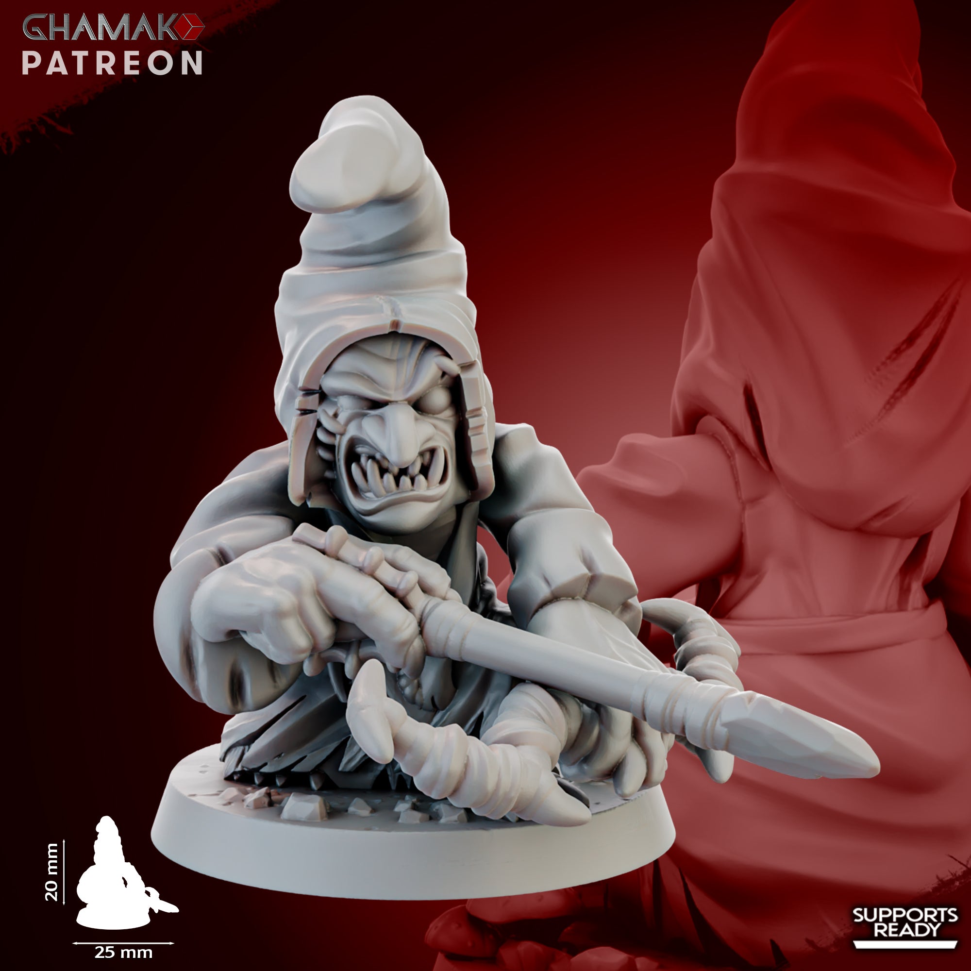 Close-up of a Madcaps Archer miniature by Ghamak, showing a goblin-style archer with stitched hood, bow, arrow, mushrooms, and detailed fantasy sculpting.