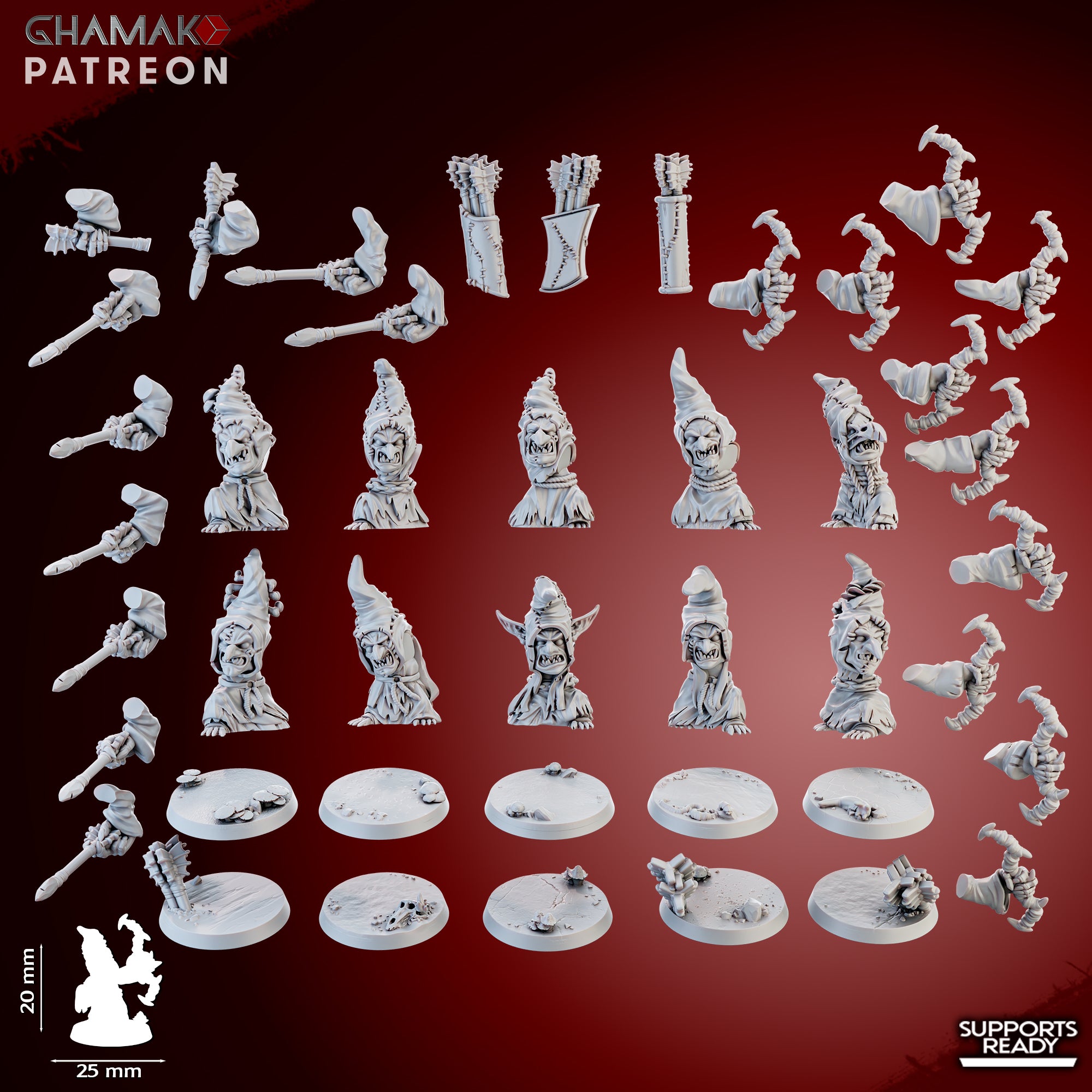 Madcaps Archers modular kit by Ghamak, showing separate goblin bodies, bows, quivers, arms, heads, and 25mm round bases for custom assembly.