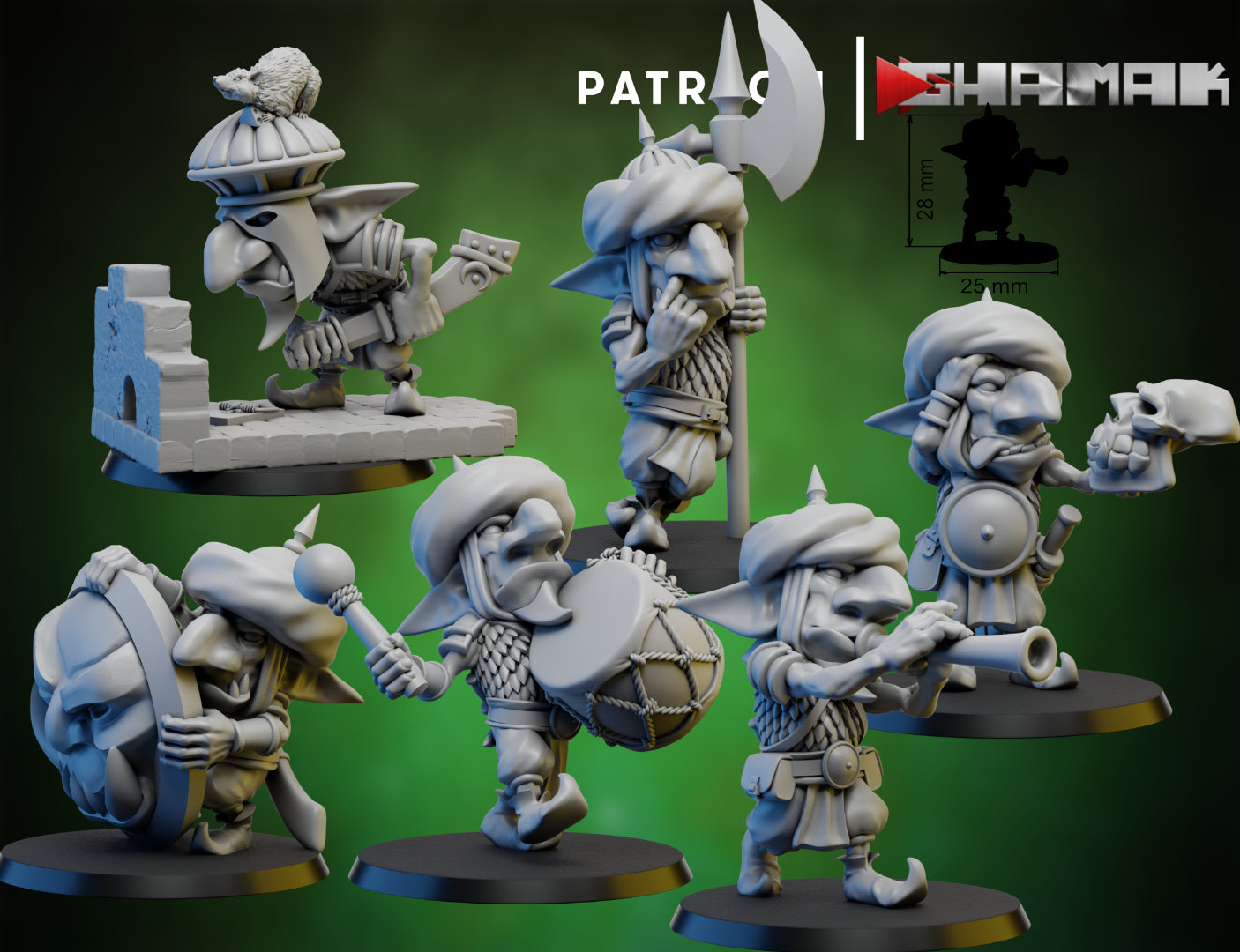 Persian Goblin Guard fantasy resin miniatures by Ghamak, showing 6 ornate goblin guards with shields, curved blades, armor, and characterful poses.