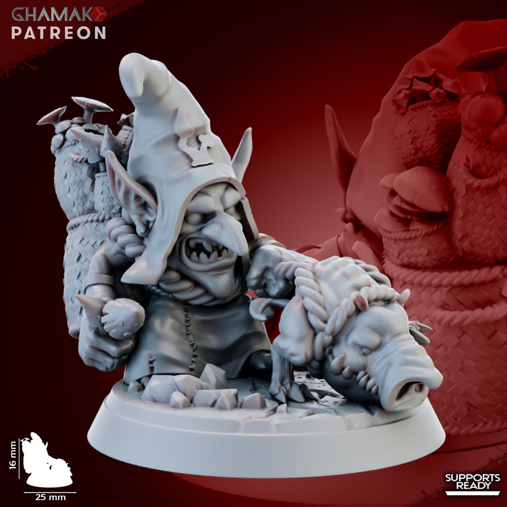 Individual Porcini Sniffer fantasy resin miniature by Ghamak, showing a small goblin mushroom-sniffer character with 25mm round bases printed by CeeForge.