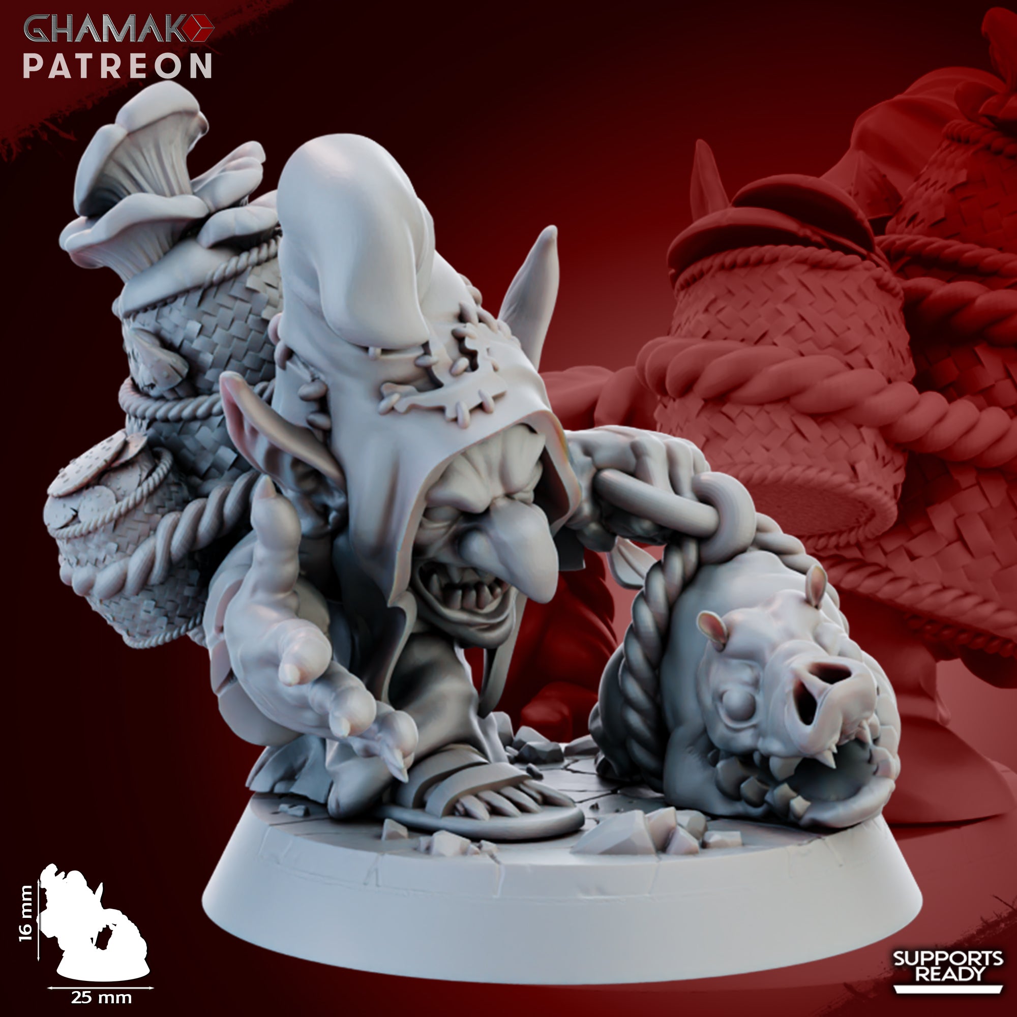 Individual Porcini Sniffer fantasy resin miniature by Ghamak, showing a small goblin mushroom-sniffer character with 25mm round bases printed by CeeForge.