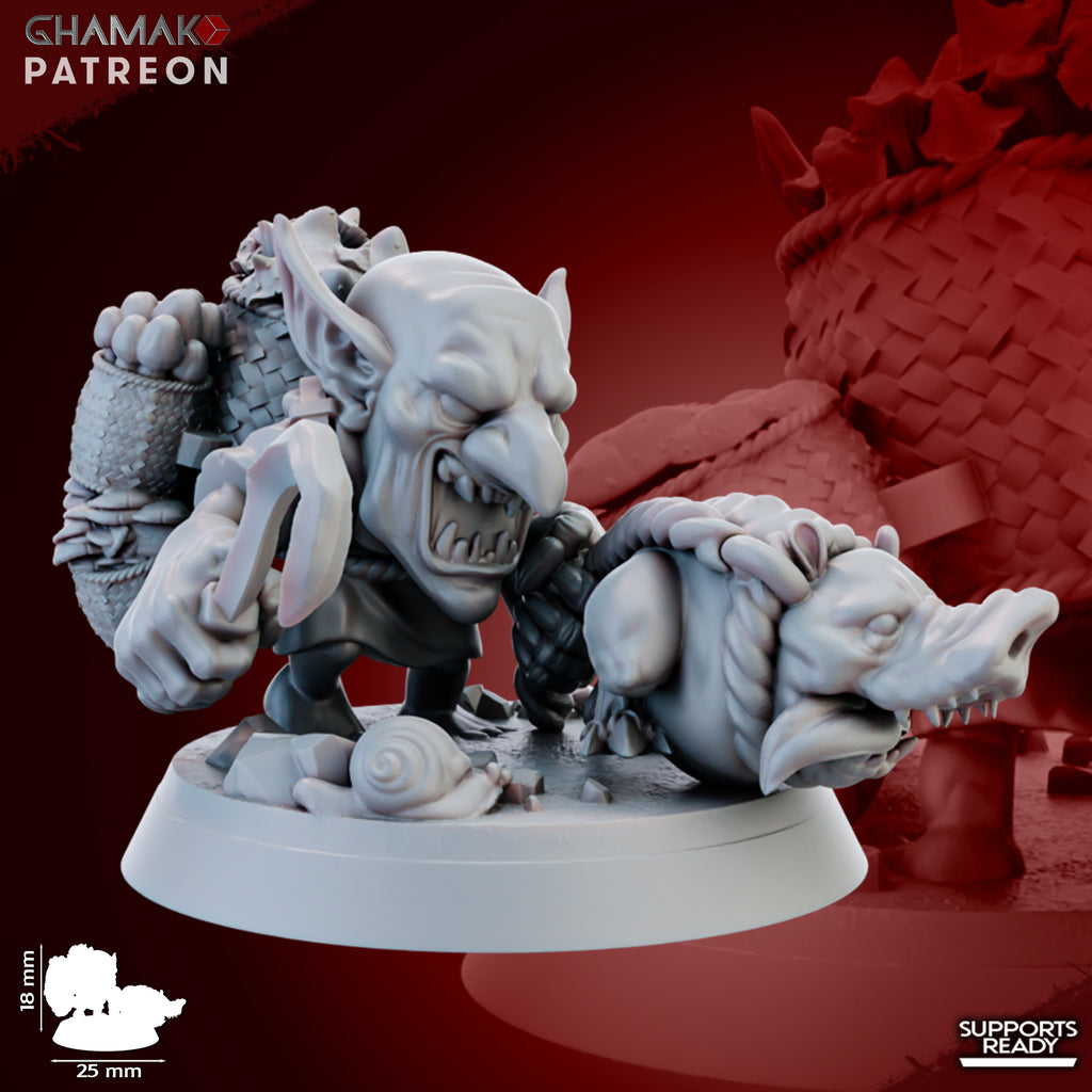 Individual Porcini Sniffer fantasy resin miniature by Ghamak, showing a small goblin mushroom-sniffer character with 25mm round bases printed by CeeForge.