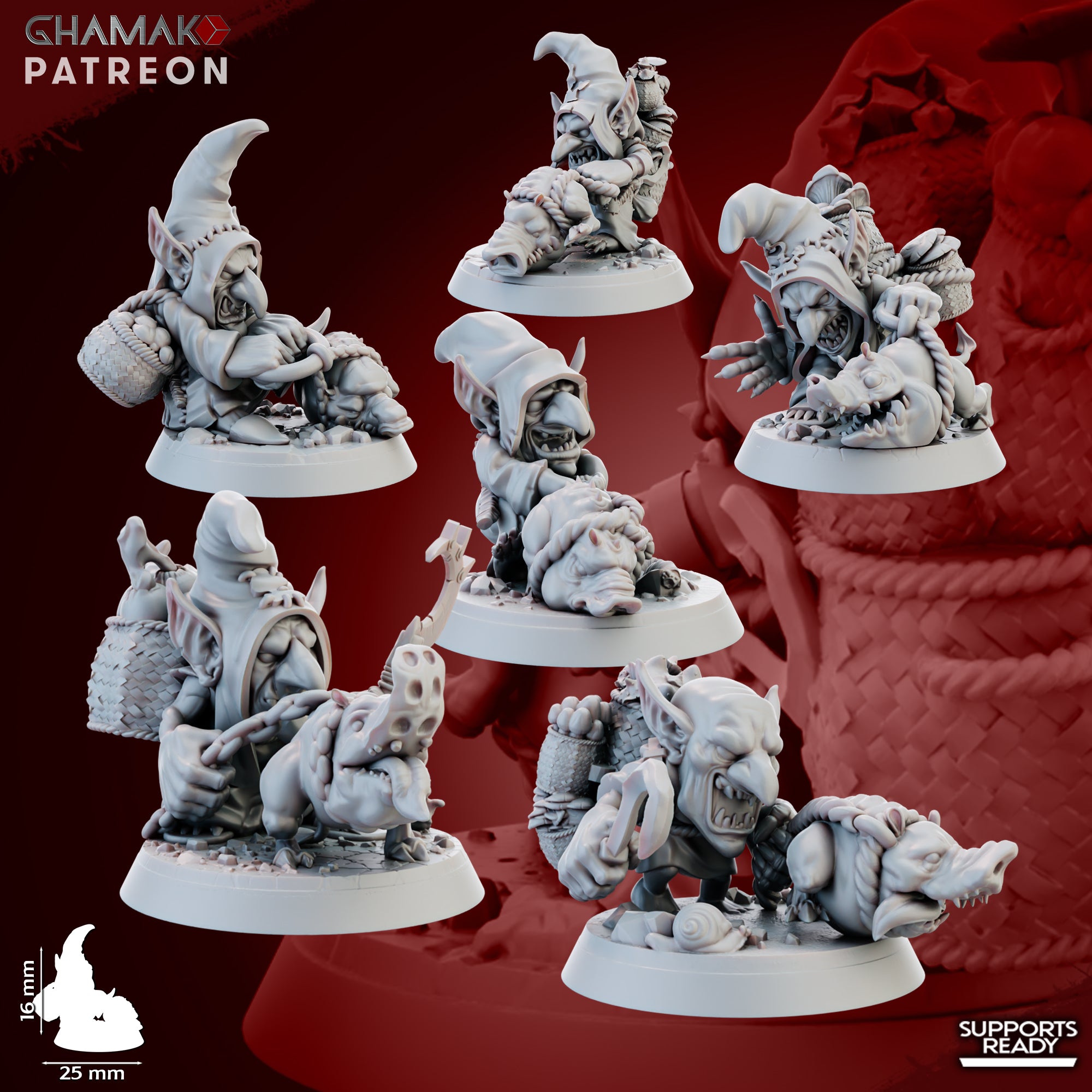 Porcini Sniffer fantasy resin miniatures by Ghamak, showing 6 small goblin mushroom-sniffer characters with 25mm round bases printed by CeeForge.