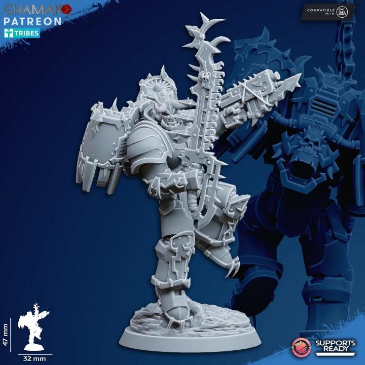 Close-up of Ghamak Chaos Vultures resin miniature showing corrupted armor, shoulder pad, and sculpted base detail