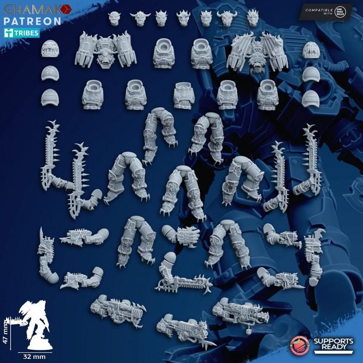 Unassembled resin components of Ghamak Chaos Vultures kit — legs, chests, arms, heads, and shoulder pads