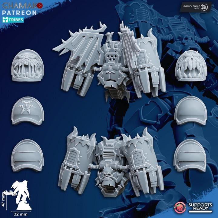 Unassembled resin components of Ghamak Chaos Vultures kit —backpacks and shoulder pads