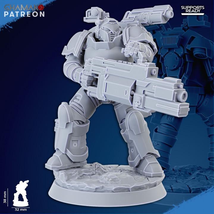 Armor/weapon detail: Close-up of Ghamak Obliterator Squad resin miniature showing heavy weapon arm, chest armor, and shoulder pad sculpt detail