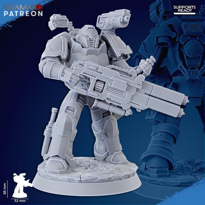 Armor/weapon detail: Close-up of Ghamak Obliterator Squad resin miniature showing heavy weapon arm, chest armor, and shoulder pad sculpt detail