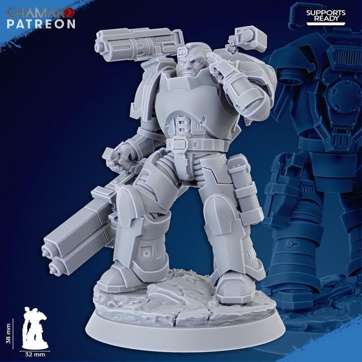 Armor/weapon detail: Close-up of Ghamak Obliterator Squad resin miniature showing heavy weapon arm, chest armor, and shoulder pad sculpt detail