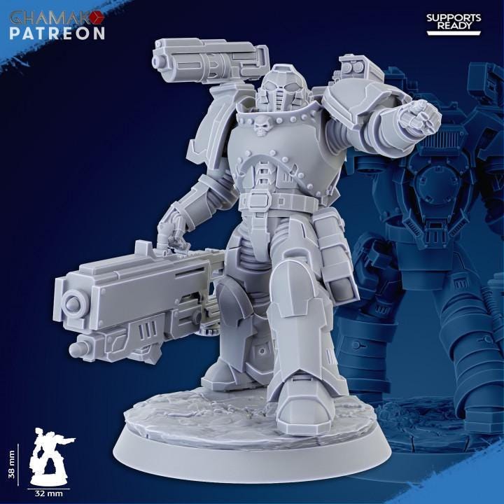 Armor/weapon detail: Close-up of Ghamak Obliterator Squad resin miniature showing heavy weapon arm, chest armor, and shoulder pad sculpt detail