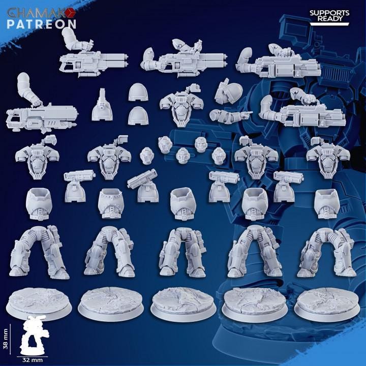 Unassembled: Unassembled resin components of Ghamak Obliterator Squad kit — legs, chests, heads, arms, backpacks, and shoulder pads