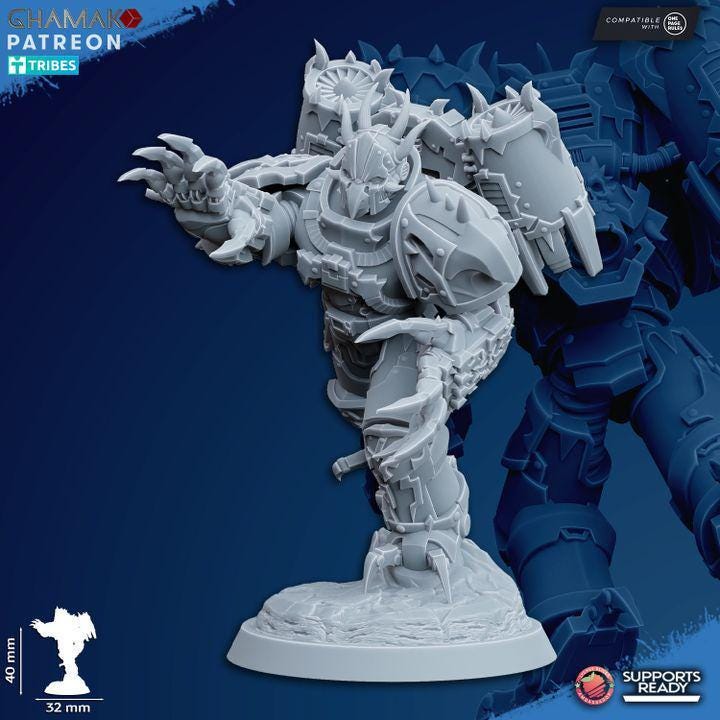 Close-up of Ghamak Warped Claws resin miniature showing modular claw arm detail and corrupted armor sculpt