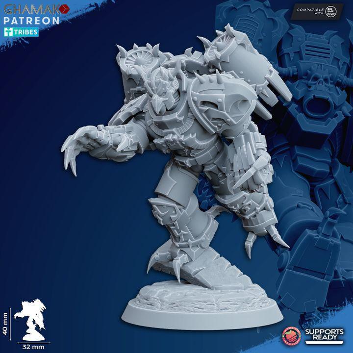 Close-up of Ghamak Warped Claws resin miniature showing modular claw arm detail and corrupted armor sculpt