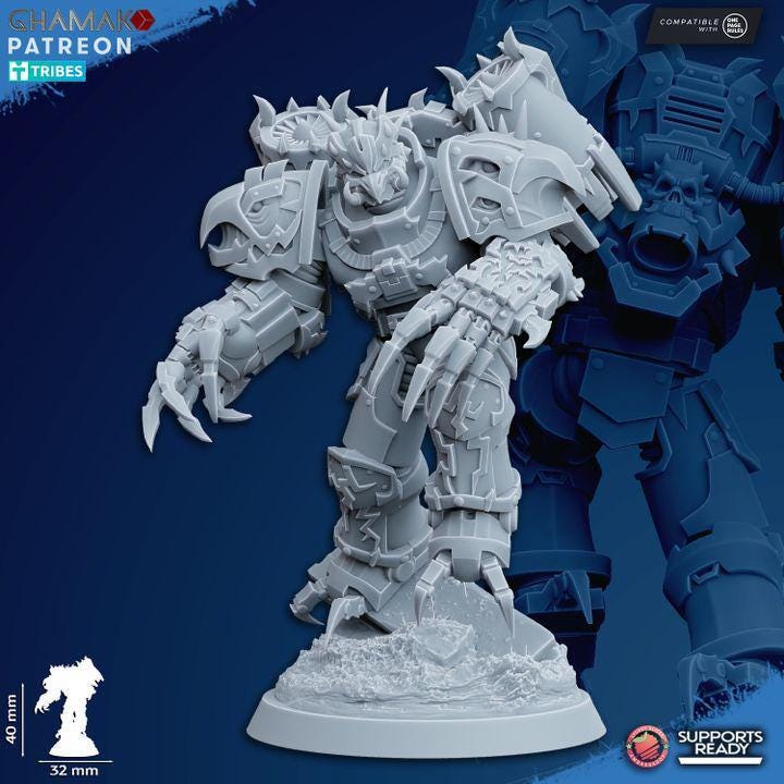 Close-up of Ghamak Warped Claws resin miniature showing modular claw arm detail and corrupted armor sculpt