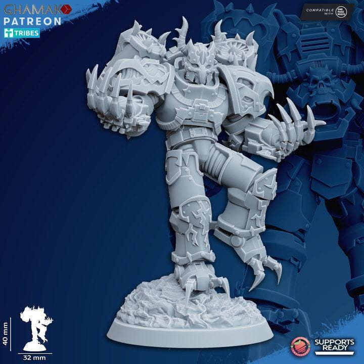 Close-up of Ghamak Warped Claws resin miniature showing modular claw arm detail and corrupted armor sculpt