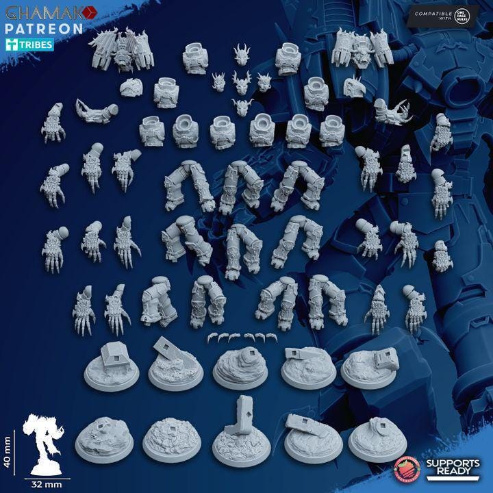 Unassembled resin parts for Ghamak Warped Claws kit — legs, torsos, arms, heads, shoulder pads, and 36 claw bits
