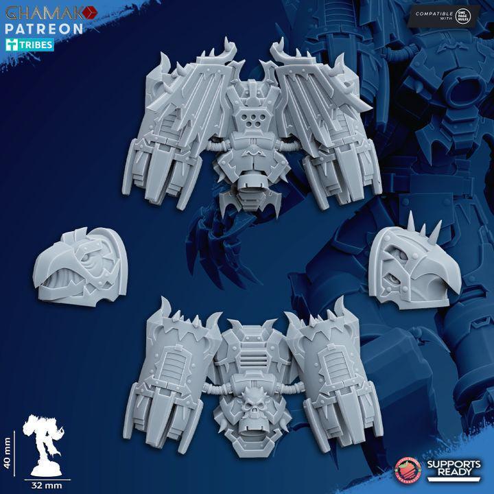Unassembled resin parts for Ghamak Warped Claws kit — shoulder pads, and backpacks