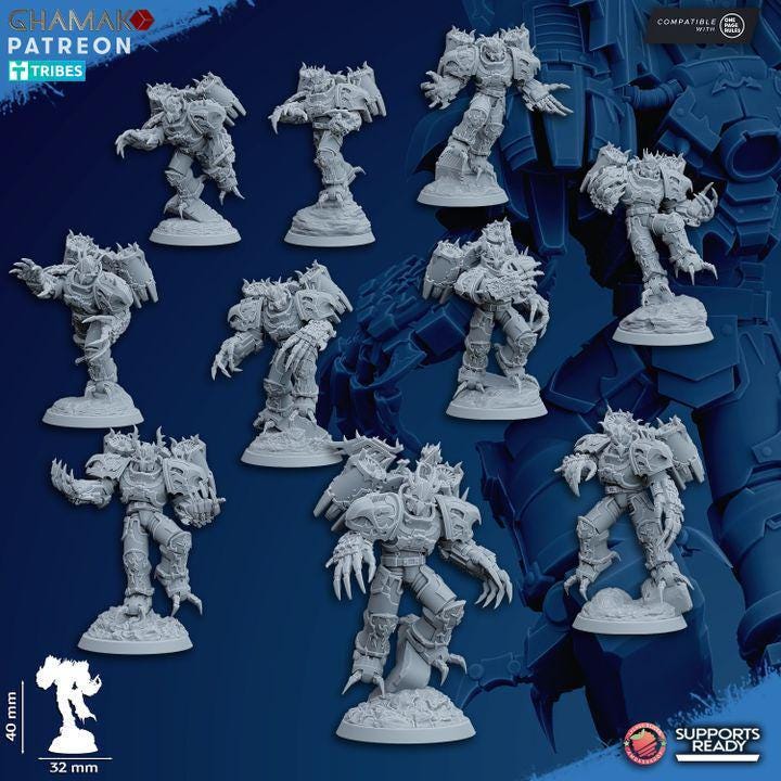 Ghamak Warped Claws squad — resin-printed grimdark sci-fi infantry with claw weapons on 32mm sculpted bases, printed by CeeForge