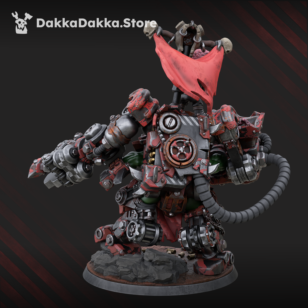 Rear view of Gharghkool 'Da Big Wrecka showing battered mechanical armor, exposed hoses, heavy equipment, ammunition, and a goblin-held banner.
