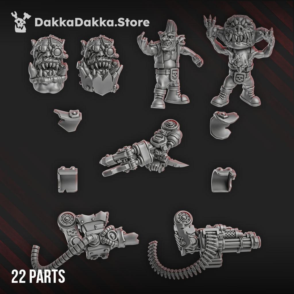 Twenty-two parts for Gharghkool 'Da Big Wrecka by DakkaDakka, including alternate heads, two goblin crew, weapon components, armor, and ammunition.
