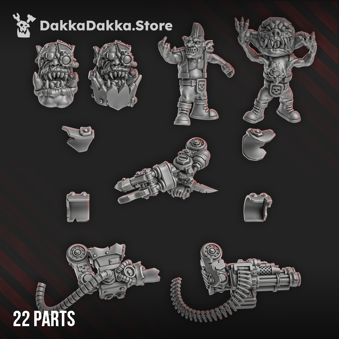 Twenty-two parts for Gharghkool 'Da Big Wrecka by DakkaDakka, including alternate heads, two goblin crew, weapon components, armor, and ammunition.

