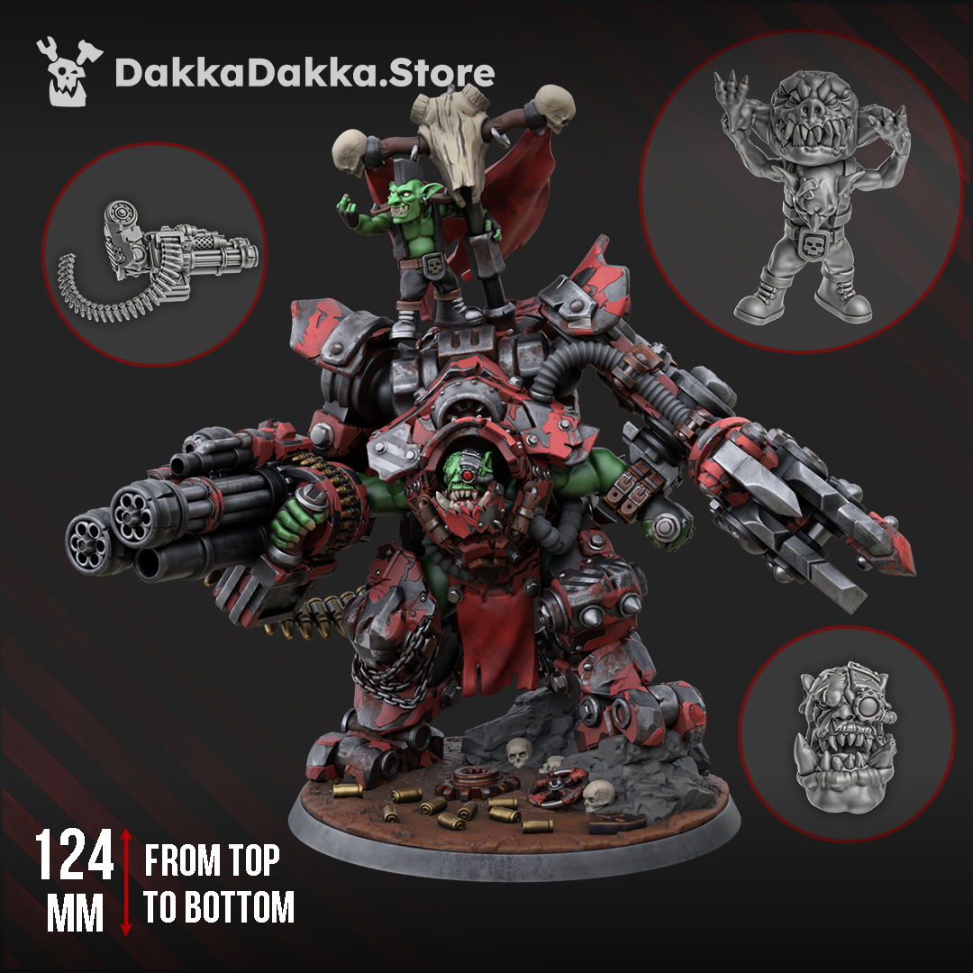 Front view of Gharghkool 'Da Big Wrecka, a massive armored sci-fi orc boss with rotary cannons, a mechanical claw, and goblin banner bearer.

