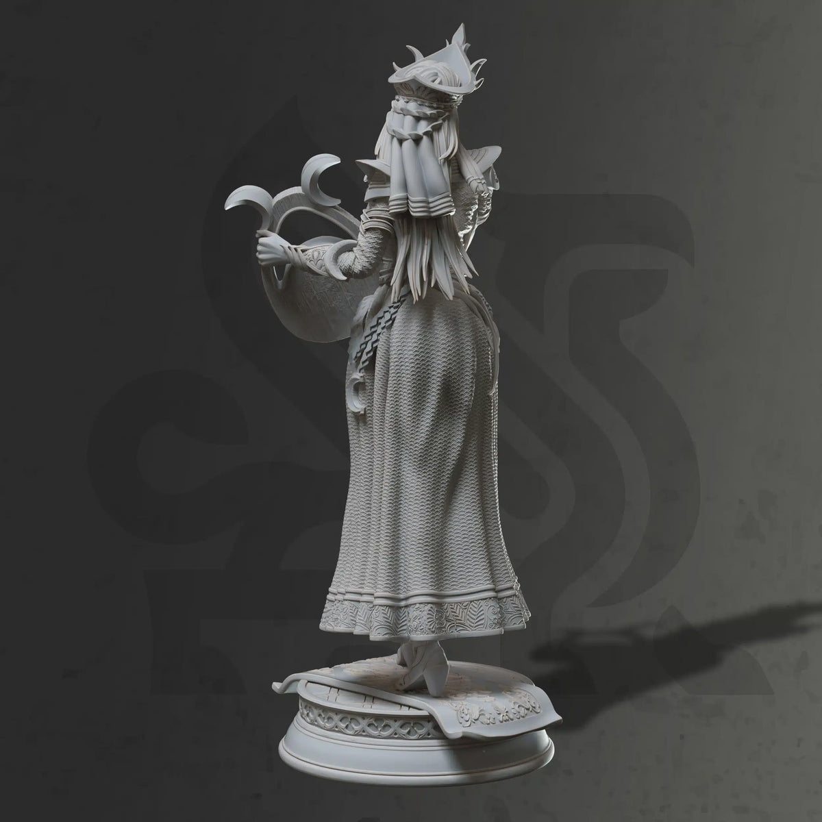 Rear view of Glanbeli celestial elf cleric miniature by DM Stash, showing flowing robes and scenic base