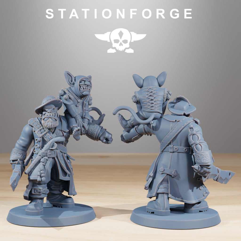 Gob Pirates commander miniature by Station Forge, showing a fantasy goblin pirate captain with coat, pistol, blade, perched goblin companion, and rear sculpt detail.