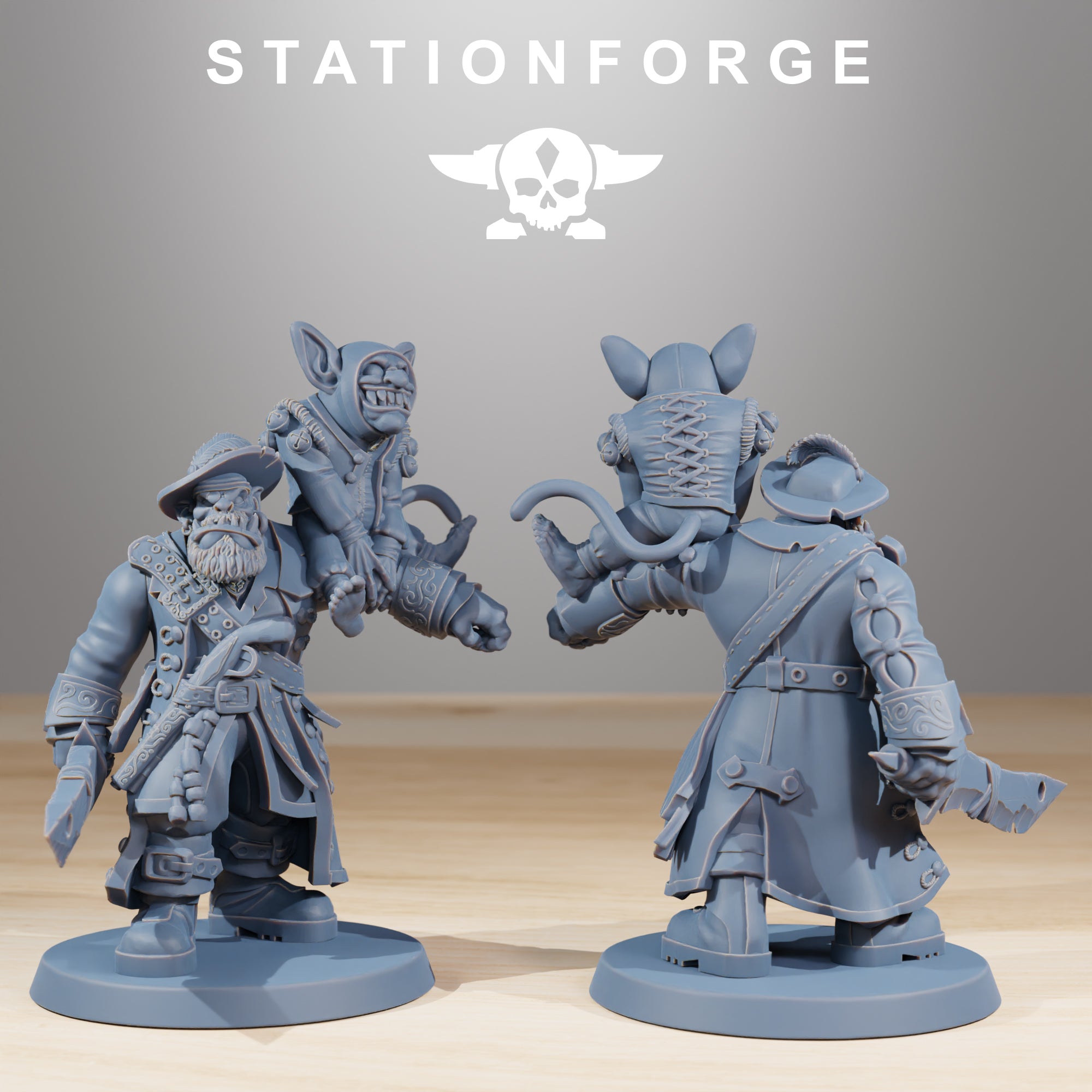 Gob Pirates commander miniature by Station Forge, showing a fantasy goblin pirate captain with coat, pistol, blade, perched goblin companion, and rear sculpt detail.
