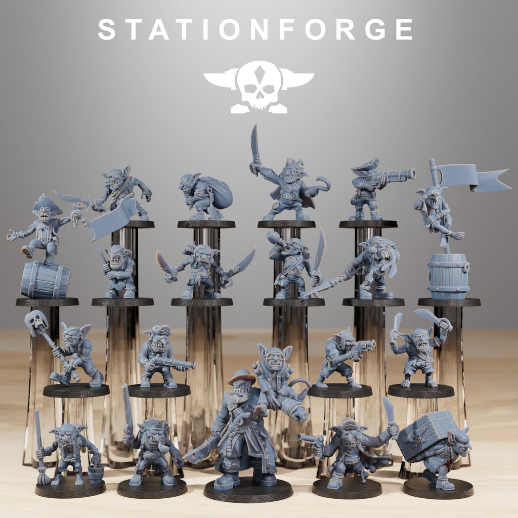 Gob Pirates by Station Forge, showing a full set of 20 fantasy goblin pirate resin miniatures with pistols, blades, flags, barrels, hats, and chaotic crew styling.