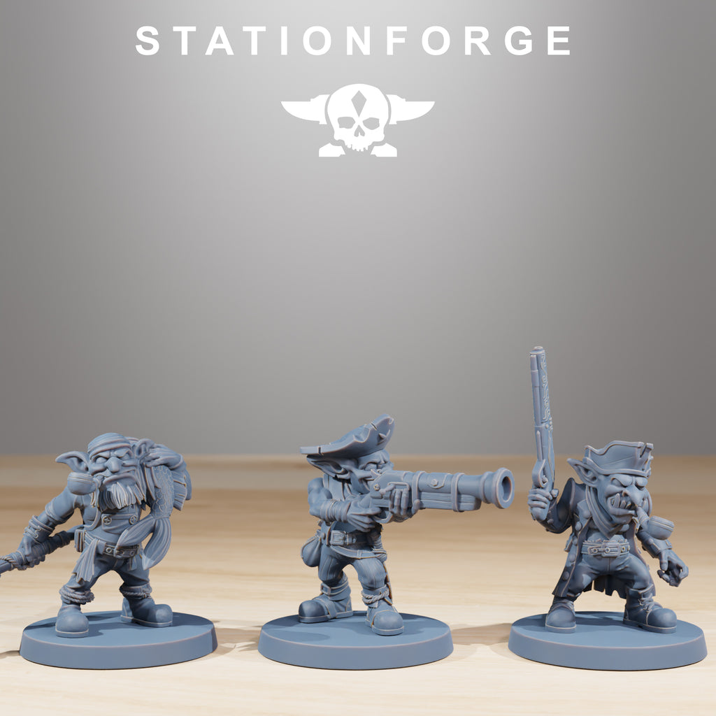 Gob Pirates models 1 through 3 by Station Forge, showing three goblin pirate miniatures with barrel, pistol, shovel, and sneaky crew poses.
