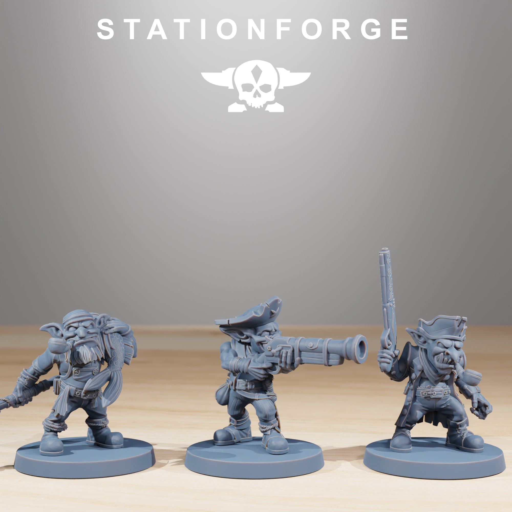 Gob Pirates models 1 through 3 by Station Forge, showing three goblin pirate miniatures with barrel, pistol, shovel, and sneaky crew poses.