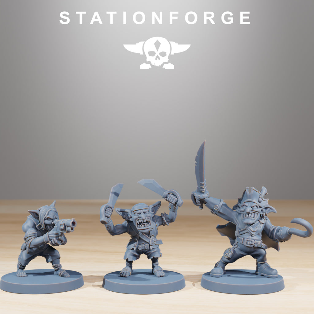 Gob Pirates models 10 through 12 by Station Forge, showing three fantasy goblins with pistol, dual blades, and pirate captain styling.