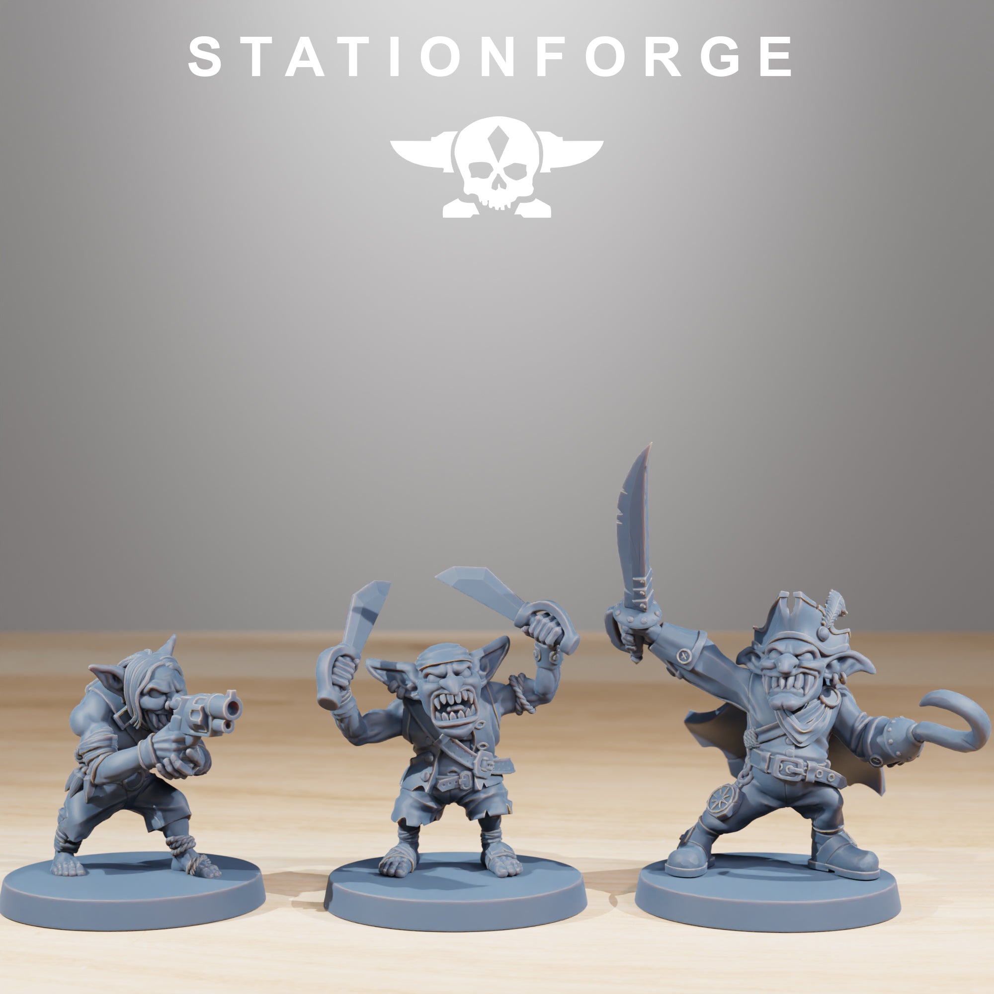 Gob Pirates models 10 through 12 by Station Forge, showing three fantasy goblins with pistol, dual blades, and pirate captain styling.