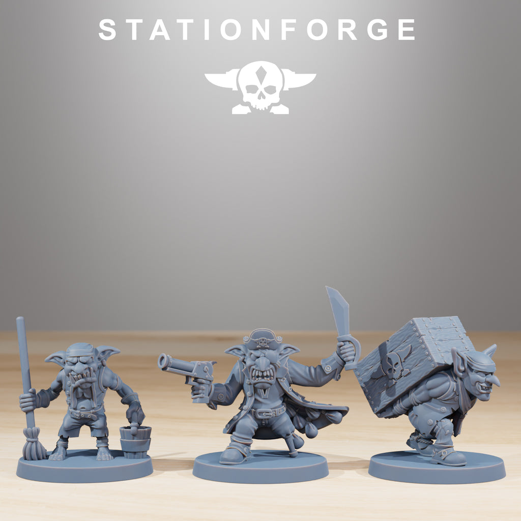 Gob Pirates models 13 through 15 by Station Forge, showing three goblin pirate miniatures with broom, pistol and blade, and crate-carrying character poses.
