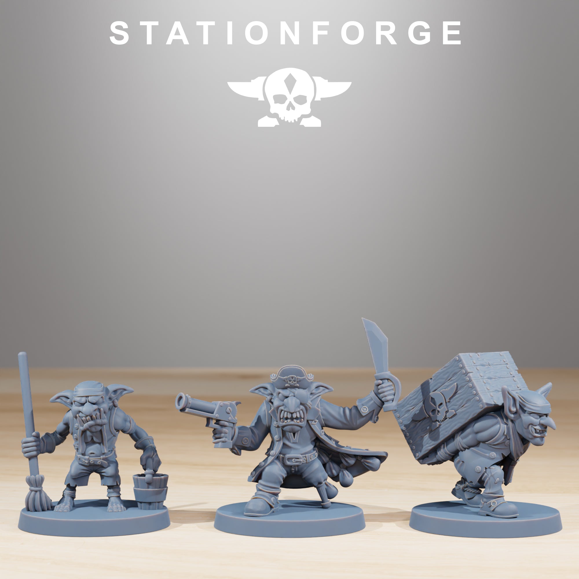 Gob Pirates models 13 through 15 by Station Forge, showing three goblin pirate miniatures with broom, pistol and blade, and crate-carrying character poses.
