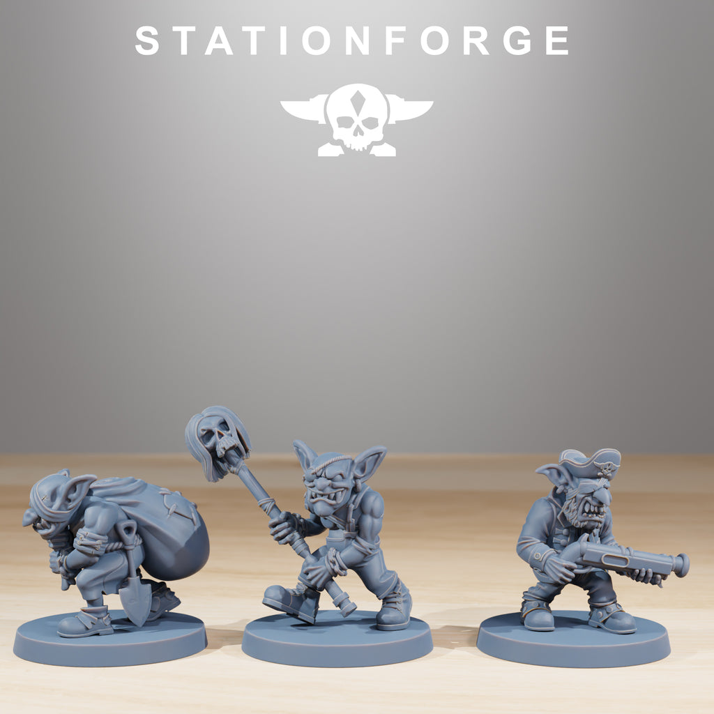 Gob Pirates models 16 through 18 by Station Forge, showing three fantasy goblin pirate miniatures with sack-carrying, skull staff, and blunderbuss details.