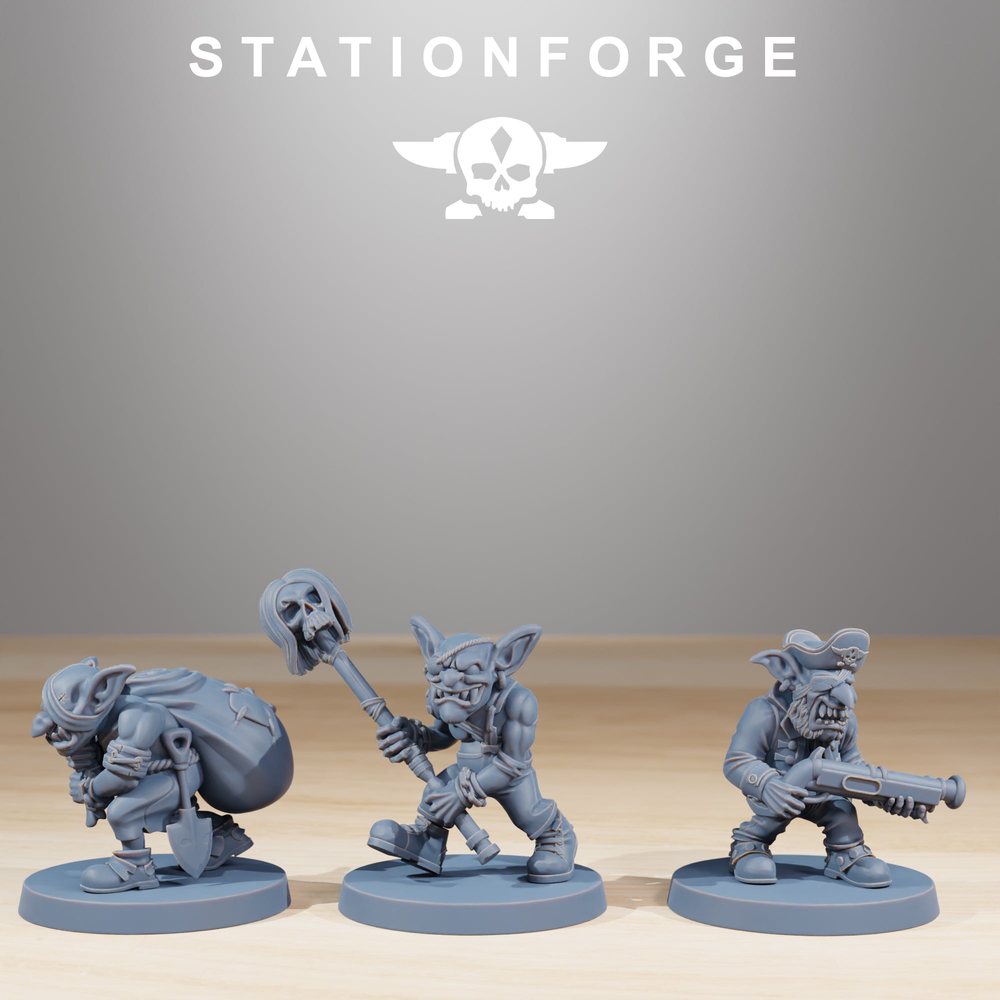 Gob Pirates models 16 through 18 by Station Forge, showing three fantasy goblin pirate miniatures with sack-carrying, skull staff, and blunderbuss details.