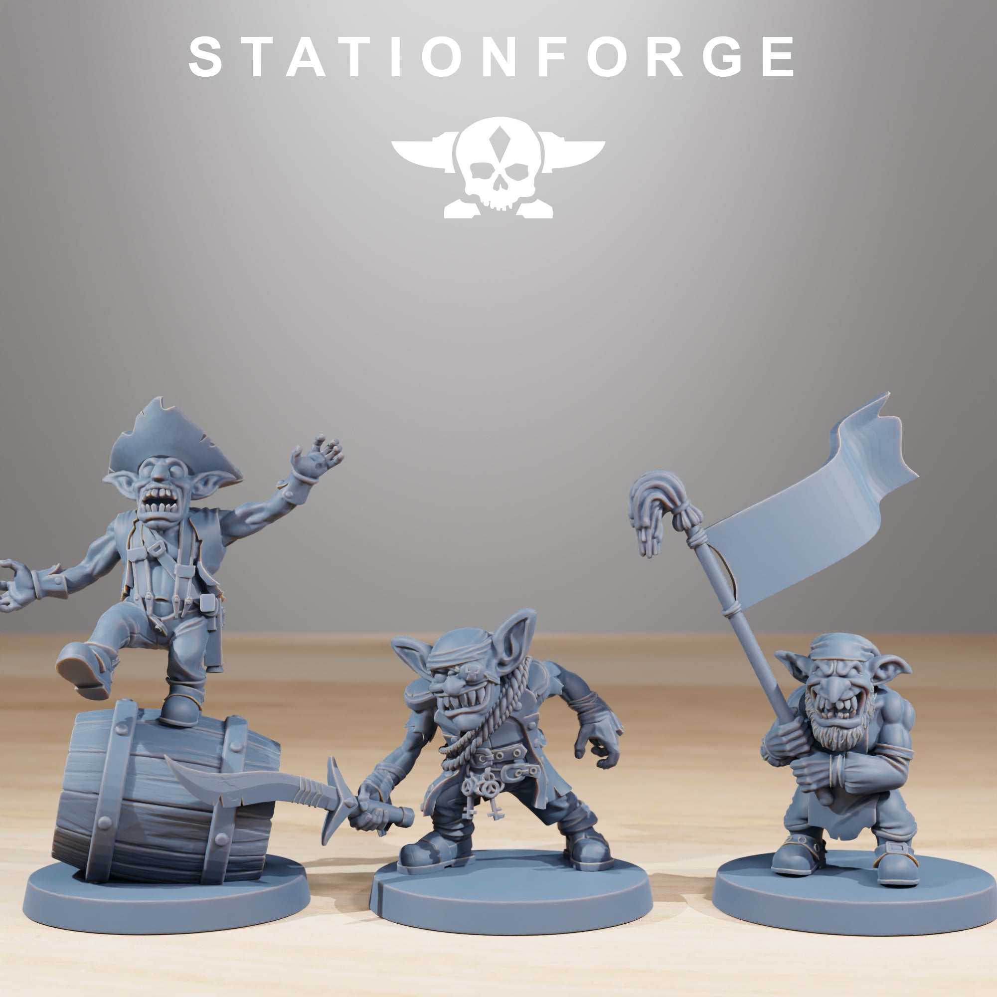 Gob Pirates models 4 through 6 by Station Forge, showing three fantasy goblin pirate miniatures with blades, banner, barrel base, and swashbuckler styling.