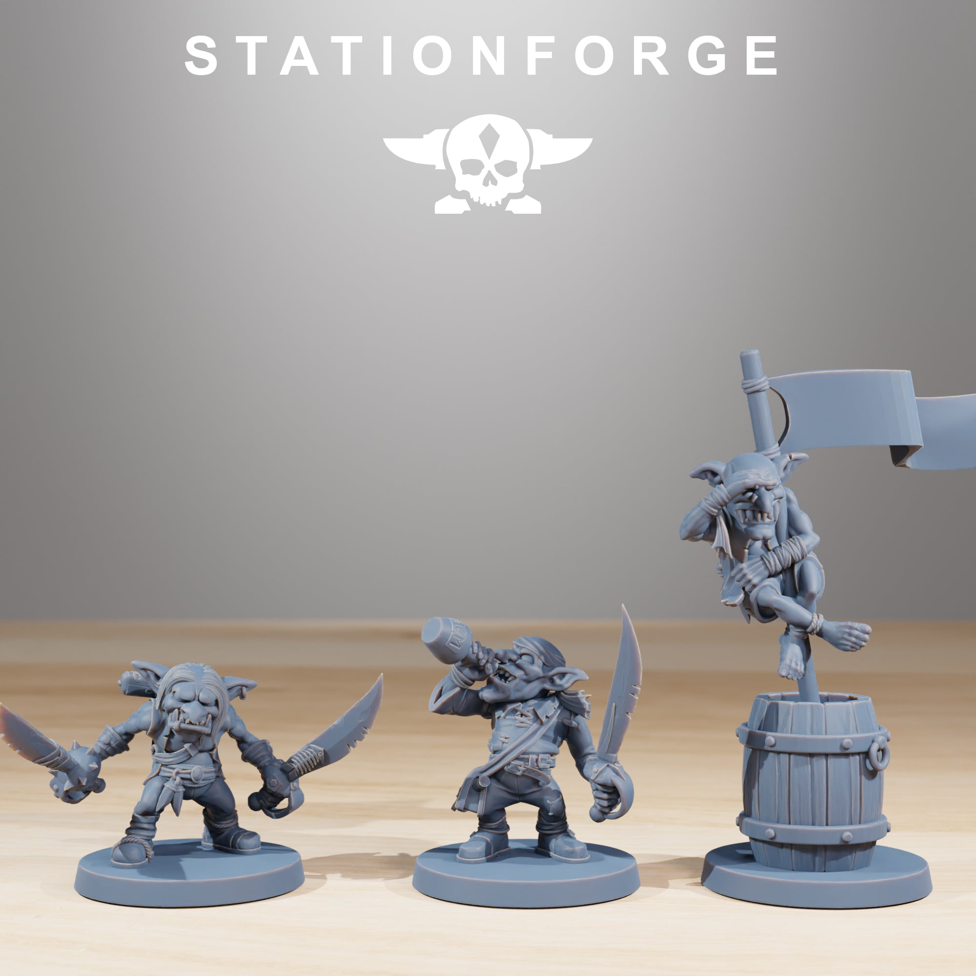 Gob Pirates models 7 through 9 by Station Forge, showing goblin pirate miniatures with bottle, flag barrel, and sword-wielding character details.