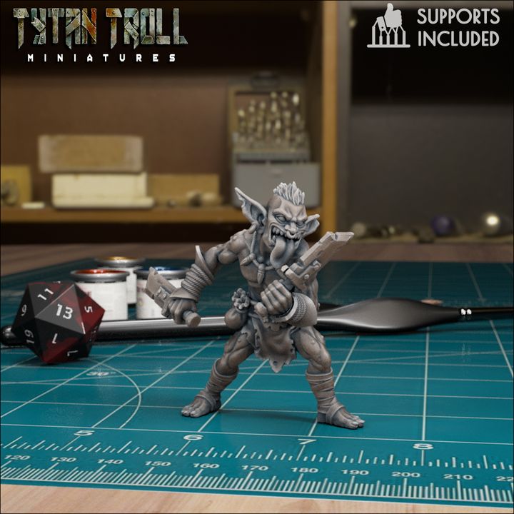 Goblin Assassin miniature by TytanTroll holding crude blades with a sneaky grin, perfect for fantasy RPG goblin ambushes and tabletop encounters.