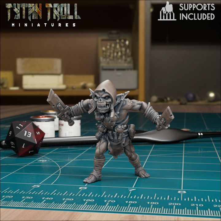 Hooded Goblin Assassin miniature by TytanTroll wielding two knives, ideal for rogue enemies, goblin warbands, and D&D-style campaigns.